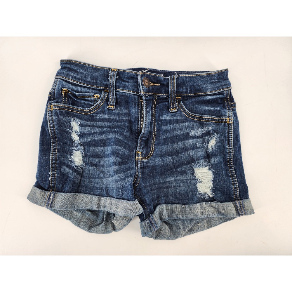Hollister Women Dark Wash Distressed Mid Rise Cuffed Denim Shorts Size 00 W23